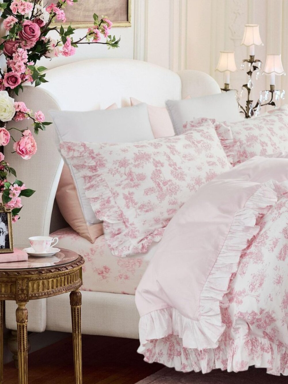 French Country Toile Queen Duvet Cover Set for Girl Women Bedroom Vintage Pink